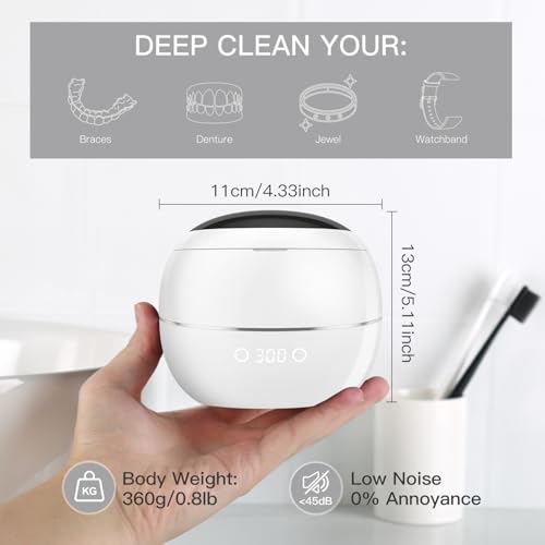 Image of Dental Ultrasonic Retainer Cleaner Machine: 45kHz Dental Cleaning Pod for Denture, Aligner, Mouth Guard, Night Guard, Braces & Jewelry, UV Denture Cleaner with Digital Timer & Dual Mode 250ML White