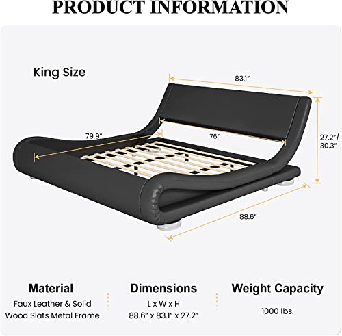 SHA-CERLIN-King-Size-Upholstered-Bed-Frame-Deluxe-Low-Profile-Sleigh-Bed-with-Faux-Leather-Ergonomics-Headboard-No-Box-Spring-Needed-Easy-Assembly-Black