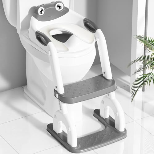 Toilettensitz Kinder mit Treppe 8-fach Höhenverstellbar & Extra Breites Trittbrett Rutschfester Toilettentrainer mit Weichem Sitz & Spritzschutz Faltbarer Kinder WC Sitz Frosch-Design