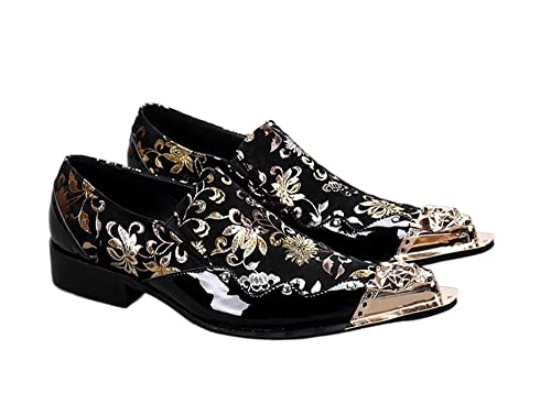 Formal Dress Oxford Shoes for Men Pointed Metal Toe Embroidered Pattern Patent Leather Patchwork Flat Block Heel Slip On for Club Genuine Leather