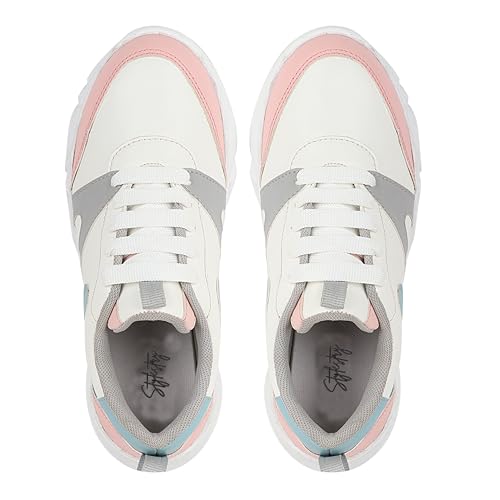 Image of Shoetopia Women's White Chunky Sneakers with Pink & Blue || Accents Casual Lace-Up Sports Shoes for Everyday EU40