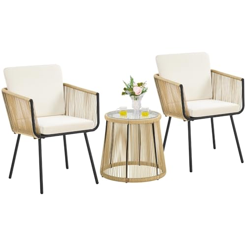 Abician Salon de Jardin Extérieur en Osier 2 Personnes Table et Chaise Ensembles 3 Pièces avec Fauteuils à Coussins Mobilier de Jardin pour Balcon, Terrasse Kaki/Crème