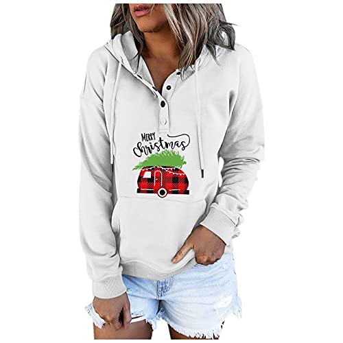 Christmas Print Long-Sleeved Hooded Sweatshirt Blouse for Women Crewneck Pullover Hoodies Casual Loose Tops Shirt (04 White, XXXL)