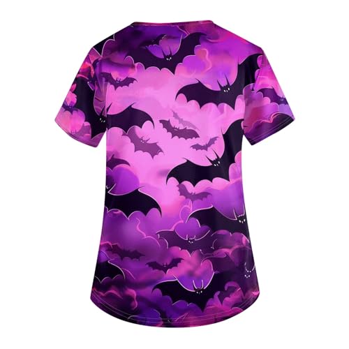 OIOLOYJM Halloween Christmas Scrub Tops Women Print V Neck Short Sleeve Plus Size Scrubs for Womens Shirts with Pockets