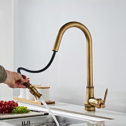KOYOO Küchenarmatur Messing Antik, Wasserhahn Küche Ausziehbar, Einhebel 360°Schwenkbar Spültischarmatur Hoher Auslauf