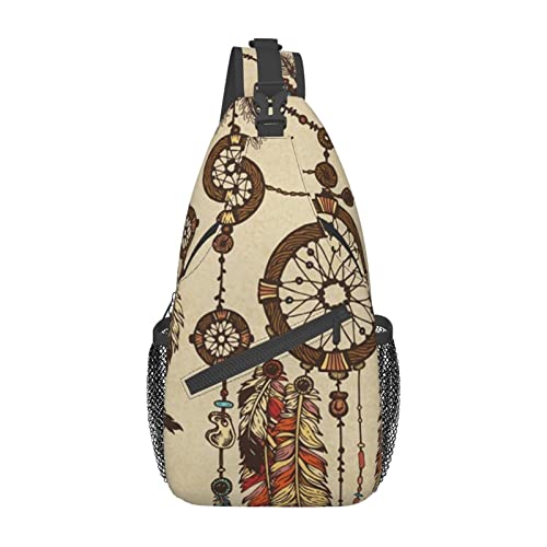 Men'S Crossbody Sling Backpack-Ethnic Dream Catcher Feathers Chest Bags Casual Sport Travel Hiking Daypack