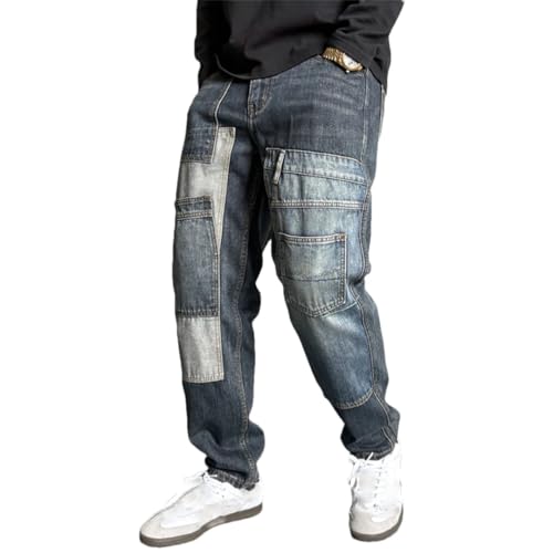 Men’S Hip Hop Trendy Multi Pocket Patchwork Baggy Straight Cotton Skateboard Pants Slim Fit Button Fly Distressed Jeans