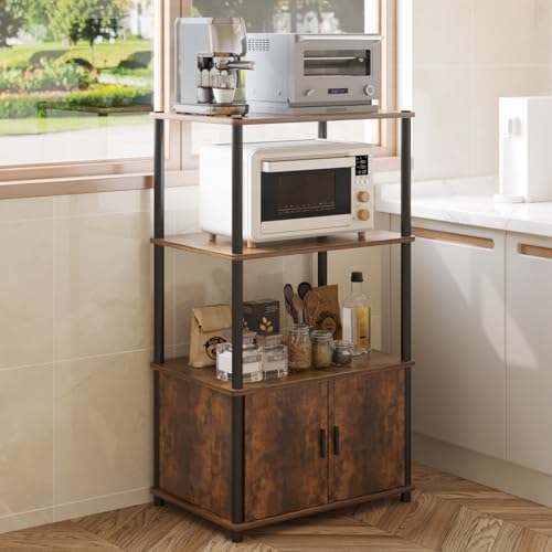 Image of Amazon Brand - Umi 3-Tier Microwave Stand with Storage Cabinet, Kitchen Storage Rack, Baker's Rack, Bookshelf, Printer Stand, Multipurpose Standing Shelf Unit with Doors for Kitchen, Living Room