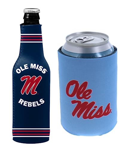 College Team Color Logo Can & Bottle Holder Insulator Beverage Cooler Set (Ole Miss Crest/Powder Blue (Rebels))
