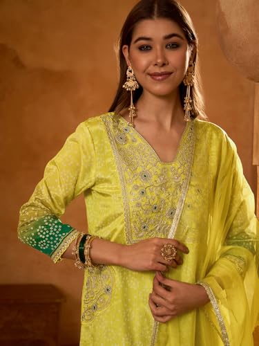 Image of Naixa Women's Lemon Chinon Embroidered Printed Straight Kurta with Green Pant | Chinon Laced Dupatta Set | 3 /4 Sleeve | V-Neck | Haldi (Available in Plus Size)