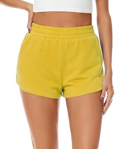 jonivey Short d’entraînement pour femmes avec cordon élastique, short en tissu molletonné français léger pour l’été avec poches, moutarde, Taille S