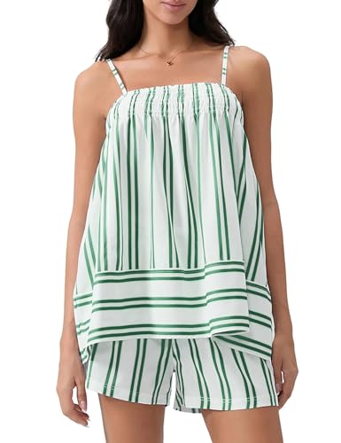Image of Wyeysyt Women 2 Piece Lounge Set Striped Pajama Set Ruffle Hem Cami Tops and Stripe Boxer Shorts Pj Set Sleepwear