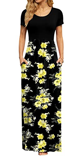 Image of DB MOON Womens Casual Maxi Dresses Short Sleeve Empire Waist Long Dress for Beach with Pockets(Yellow Floral Black, L)