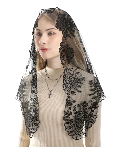 Bozidol Mantilla Triangle Rose Cross One-Piece Veil for Women Black Church Catholic Veils for Women Mass, Lace Christian Head Covering Religious Gifts for Lady Prayers Communion Easter