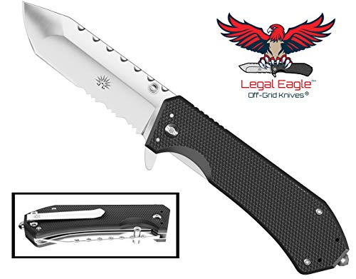 Off-Grid Knives - Legal Eagle Folding Knife, Legal Carry EDC Blade with Glass Breaker, Cryo Japanese AUS8 Steel, G10 Scales, Rides Deep in The Pocket, Tip-Up Left or Right Carry