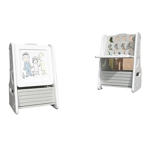 お絵描きボード キッズデスク イーゼル付き 大きい 多機能テーブル&チェア 絵本棚 知育デスク 収納付き おしゃれ 軽量 コンパクト 2way 絵本ラック (スリーインワン製図板,パールホワイト)