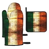 Juego de 3 guantes de horno y soportes para ollas de bandera irlandesa, guantes resistentes al calor para cocina, cocina, hornear, guantes de horno de barbacoa