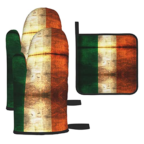 Juego de 3 guantes de horno y soportes para ollas de bandera irlandesa, guantes resistentes al calor para cocina, cocina, hornear, guantes de horno de barbacoa