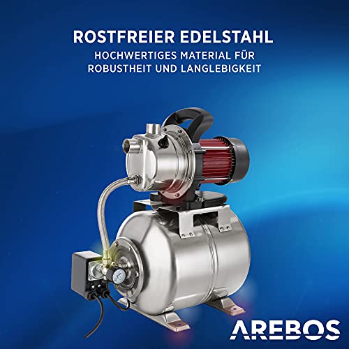 Arebos Hauswasserwerk | 1200 Watt | Fördermenge 3800 l/h | Förderhöhe 48 Meter | 19 l Tank