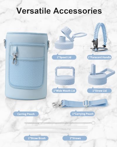 Image of Trebo 64 oz Water Bottle Stainless Steel with 3 Lids, Paracord Handle & Bag