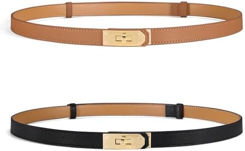 Women’s Skinny Leather Belt with Gold or Silver Turn-Lock Buckle ...
