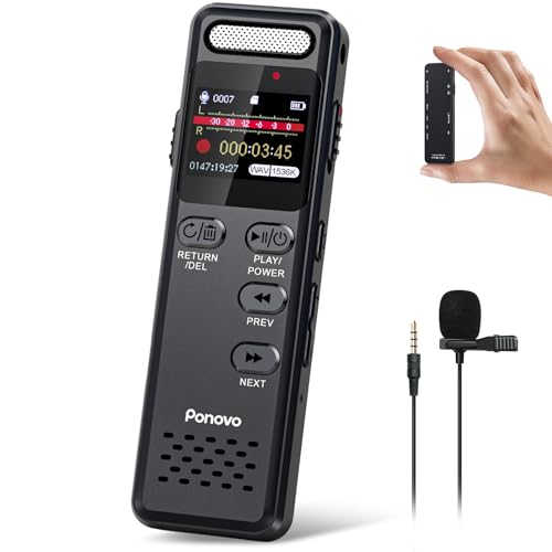 Enregistreur Vocal Numérique 16Go, Ponovo 100H Enregistrement Continu Dictaphone Audio 1536Kbps Activation Vocale avec Micro, 1100mAh Mini Enregistreur...