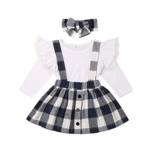 Toddler Infant Baby Girl T Shirts Romper Bodysuit Tops Suspender Skirt Set Cotton Outfits 0-7Y (6-12 Months, Navy Blue Palid)