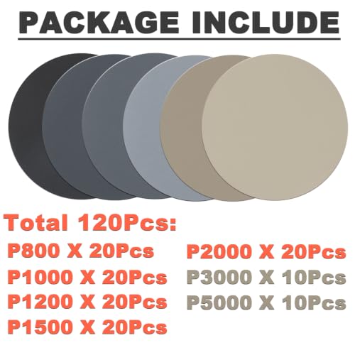 Image of 5 Inch Wet Dry No-Hole Sanding Discs, 120Pcs, 800-5000 Assorted Grit
