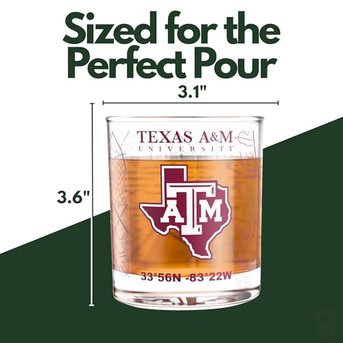 Image of Greenline Goods University of Texas A&M Aggies Whiskey Glasses Set of 2, 10 oz Rocks Glasses with Full-Color Logo & Campus Map - Officially Licensed Bourbon Glass Gift for Alumni & Fans