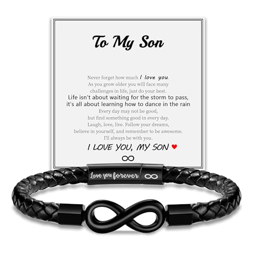 Image of Leather Bracelet Gifts for Men, To My Son Bracelet Fathers Day Bracelet Gifts Dad Grandpa Love You Forever Engraved Birthday Valentines Graduation Gift Infinity Knot Jewelry