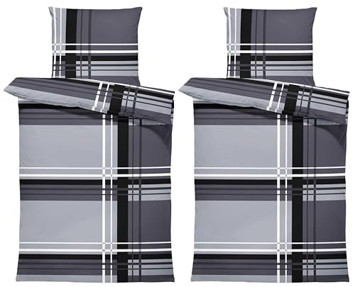 one-home 4 teilig Biber Bettwäsche 135x200 cm gestreift modern grau Winter...