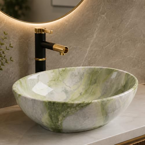 Image of Ceramic Tabletop Wash Basin - Glossy Bowl Shape Countertop Vessel Sink with Marble Finish for Bathroom & Vanity | Compact 16 x 13 x 5 Inch | Elegant Washbasin