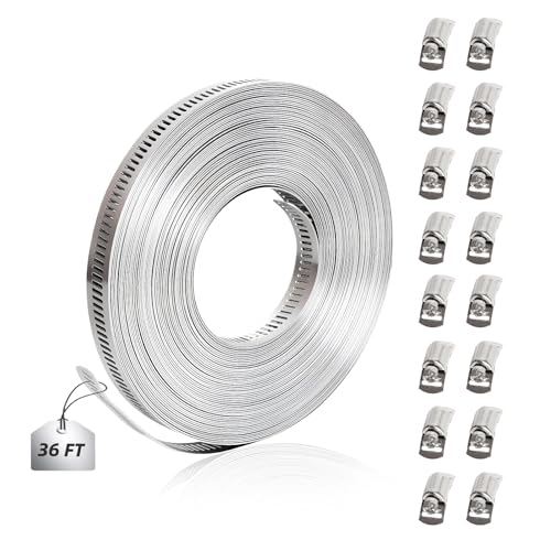 36 FT Hose Clamp Assortment Kit, 304 Stainless Steel Large Band Hose Clamp Metal Strap + 16 Stronger Fasteners, Adjustable Worm Gear Hose Clamps Screw Clamps