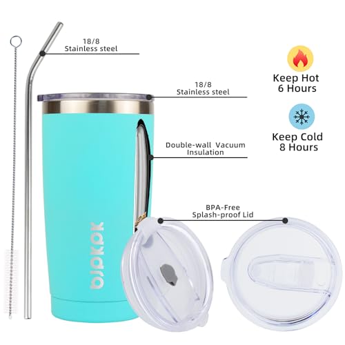 Image of BJPKPK 20oz Coffee Tumbler with Lid & Straw, Insulated Stainless Steel Mug | Double Wall Vacuum, Keeps Hot /Cold, BPA Free, Leak Proof, Iced Coffee Cup Fit Car Holder, Travel & Beach, Turquoise