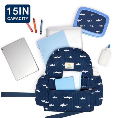 Image of STEAMEDBUN Corduroy Kids Backpack for Girls and Boys 5-8: Girls Backpack for Elementary Kindergarten - 15 inch Cute Backpacks for Kids - Blue Shark