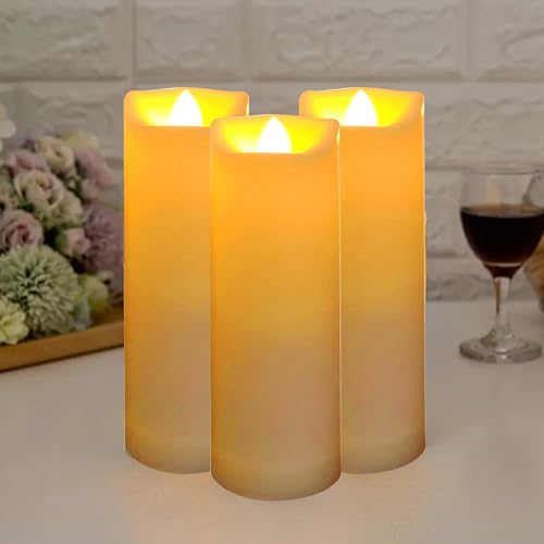Image of Battery Operated Flameless LED Pillar Candle with Remote Cycling Timer, Realistic Plastic Electric Tall Flickering Light for Indoor Outdoor Bookshelf Dinner Party Centerpiece Fireplace Decor Pack of 3