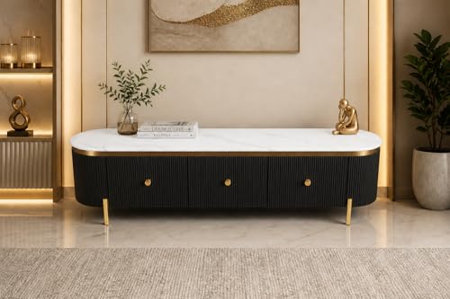 Image of Mazzo White Marble TV Unit Console | 70 inchx15 inchx18 inch | Golden Legs & Charcoal Louvers | Storage Drawers | Modern TV Stand Console Unit White Marble Top with Gold Accents, Storage (Black)