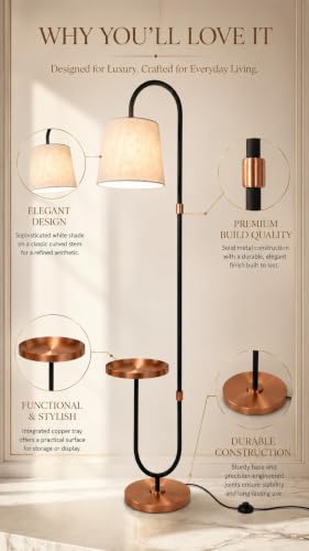 Image of Deco Crush Modern Floor Lamp Standing Antique Brass Finish Gold for Home Decoration, 5ft Height with Black Lampshade (Pack of 1) (Rose Gold White)