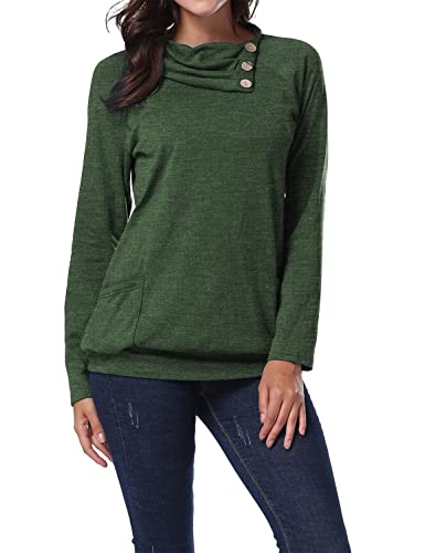 Miusey Autumn Sweaters for Women, Ladies Turn Down Button Collar Raglan Sleeve Banded Hem Pockets Warm Loose Pullover Tunic Top Shirt Juniors Long Sleeve Cowl Oblique Oversize Tops Neck Green XXL