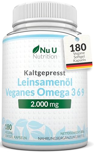 Veganes Leinsamenöl 2000 mg – 180 Weichkapseln – kaltgepresst, reichhaltige Quelle für Omega 3, 6 und 9 | 3-Monats-Vorrat – Nu U Nutrition