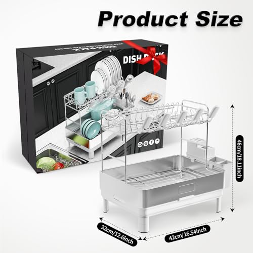 Image of Ewaiira Dish Drying Rack, 2 Tier Large Dish Rack, Stainless Steel Dish Drainer for Kitchen Counter, Dishes Rack with Automatic Drainage, Utensil Holder&Cups Holder,Space Saving Kitchen Organizer,White