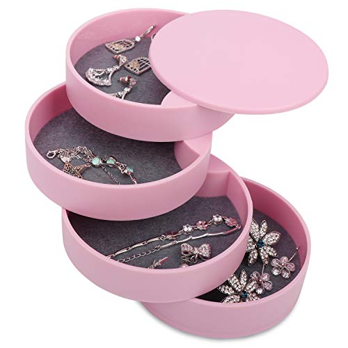 Preisvergleich Produktbild Allinside Schmuckkästchen Organizer mit 4 Ebenen, Kleines Tragbar Zylindrische Schmuckschatulle mit Deckel, 360 Grad Drehbar Schmuckkasten für Ringe Ohrringe Halsketten Mädchen Frauen Geschenk, Rosa