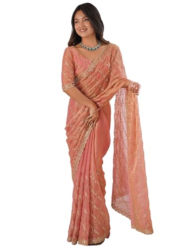Image of AKHILAM Women's Shimmer Chiffon Heavy Sequence Embroidery Work Saree With Unstitched Blouse Piece (VT798A VM Parent)