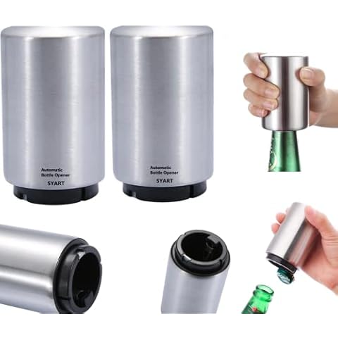 syart 2 PACK Automatic Beer Opener Stainless Syart Steel Magnetic Automatic Bottle Opener Beer push open No Damage to Bottle Cap Spring Loaded Bottle Openers Push Down Bottle Popper, Sliver Cover