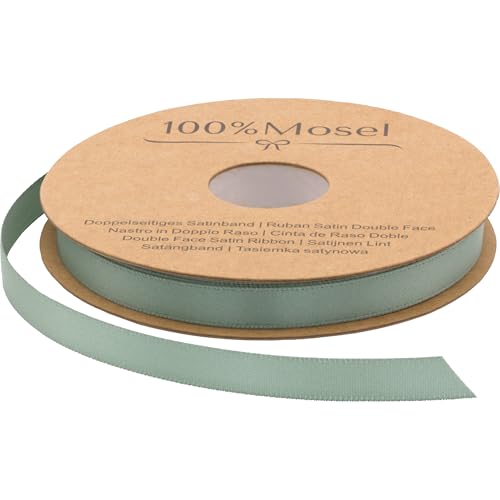 100% Mosel Satinband in Eukalyptus Grün (10 mm x 25 m) matt glänzendes Geschenkband edles Schleifenband zum Dekorieren & Basteln zum Einpacken besonderer Geschenke für Hochzeiten Taufen uvm.