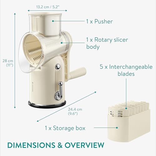 Navaris Rotary Cheese Grater w/ 5 Blades - Kitchen Vegetable Shredder for Cabbage, Carrot, Coleslaw, Cucumber - Handheld Food Slicer Graters - Retro Design with Storage Box, Cream - 5