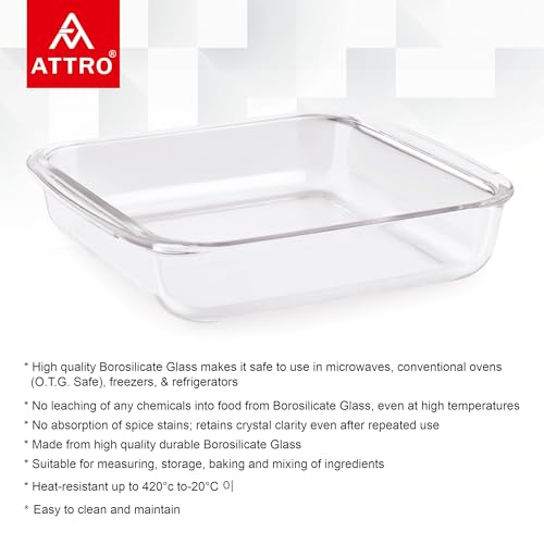 Image of ATTRO Glassox Borosilicate Square Glass Baking Dish Micorwave Oven Safe Freezer Safe Baking Tray Serving Dish Bakeware- 1800ml, Transparent