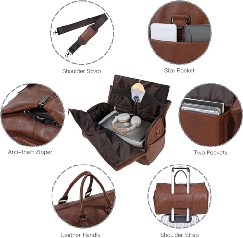 Image of Bayne Convertible Large Size Garment Duffel Bag for Travel, Carry on Garment Duffel Bag for Men and Women - 2 in 1 Hanging Suitcase Suit Travel Bag (Faux Leather, Brown)