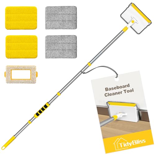 TidyBliss Skirting Board Cleaner Tool with Handle, 142 cm Long Wall and Baseboard Cleaning Mop, 4 Reusable Pads, 1 Stiff Bristle Scrubber Brush for Ceiling Cabinet Window Bathroom Tub Tile (Yellow)