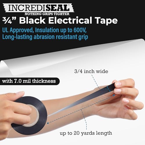 Image of IncrediSeal Black 3 /4 inch PVC Electrical Tape, 20 Yds, 7.0 Mil, Commercial, Water Resistant, Flame Retardant, Plastic, Vinyl, UL Approved, 600V (10 Rolls)